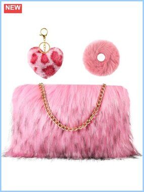Faux Fur Handbag Set with Heart Keychain & Hair Tie Fuzzy Clutch Purse